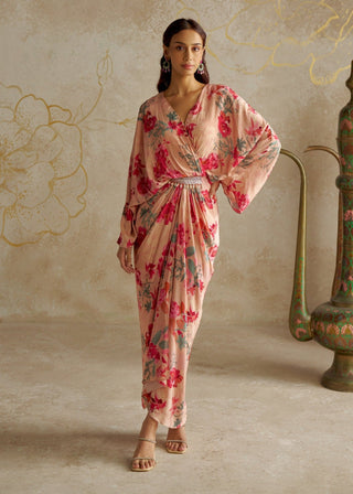 Blush Rose Draped Kaftan Dress by Chhavvi Aggarwal available on Indiaspopup.com