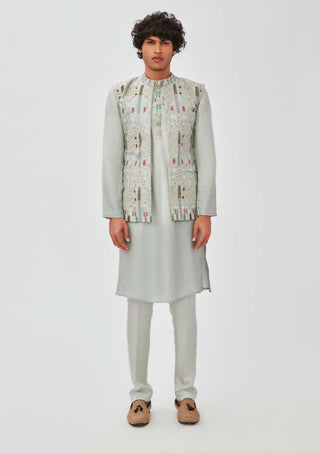 Aisha Rao Men-Roshan Gray Blue Kurta Bundi Set-INDIASPOPUP.COM