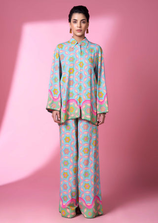 Aqua Geometric Print Shirt And Pants by Siddhartha Bansal, available on Indiaspopup.com