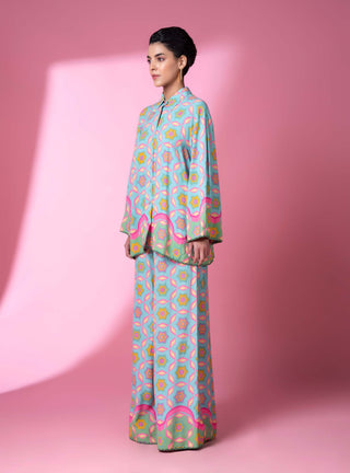 Aqua Geometric Print Shirt And Pants by Siddhartha Bansal, available on Indiaspopup.com