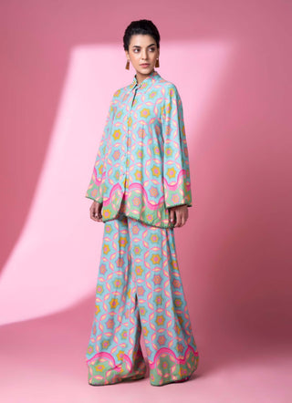Aqua Geometric Print Shirt And Pants by Siddhartha Bansal, available on Indiaspopup.com