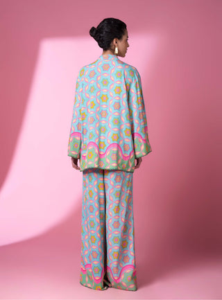 Aqua Geometric Print Shirt And Pants by Siddhartha Bansal, available on Indiaspopup.com