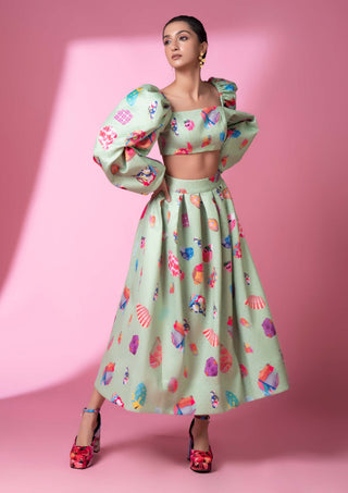 Neon Green Block Print Skirt And Top by Siddhartha Bansal, available on Indiaspopup.com
