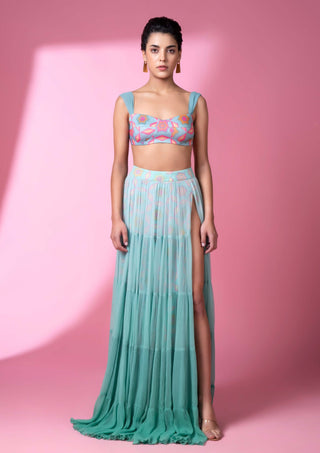 Aqua Geometric Print Ombre Skirt And Top by Siddhartha Bansal, available on Indiaspopup.com