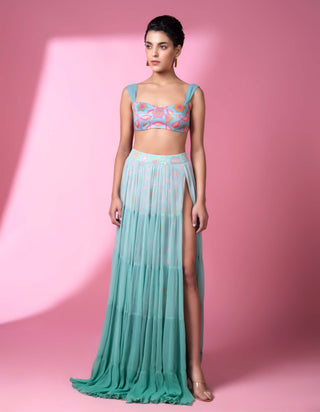 Aqua Geometric Print Ombre Skirt And Top by Siddhartha Bansal, available on Indiaspopup.com