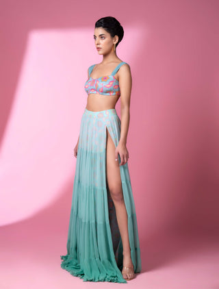 Aqua Geometric Print Ombre Skirt And Top by Siddhartha Bansal, available on Indiaspopup.com