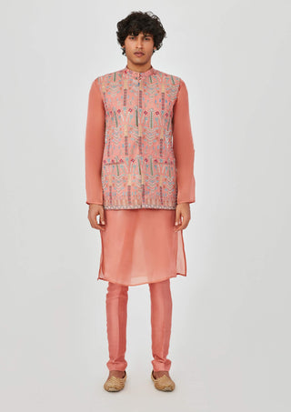 Aisha Rao Men-Kian Coral Pink Bundi Kurta Set-INDIASPOPUP.COM