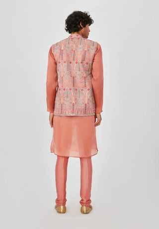 Aisha Rao Men-Kian Coral Pink Bundi Kurta Set-INDIASPOPUP.COM