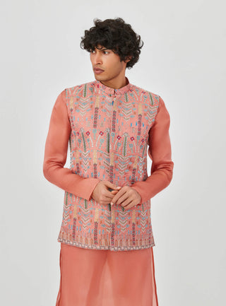 Aisha Rao Men-Kian Coral Pink Bundi Kurta Set-INDIASPOPUP.COM