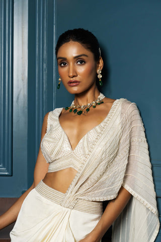 Valentina Ivory Draped Skirt And Blouse by Charu & Vasundhara available on Indiaspopup.com