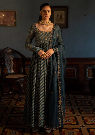 Paulmi & Harsh-Teal Blue Lehriya Printed Anarkali And Dupatta-INDIASPOPUP.COM