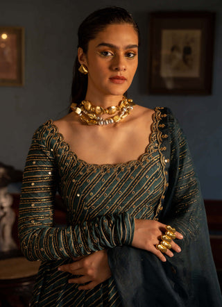 Paulmi & Harsh-Teal Blue Lehriya Printed Anarkali And Dupatta-INDIASPOPUP.COM