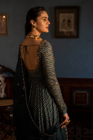 Paulmi & Harsh-Teal Blue Lehriya Printed Anarkali And Dupatta-INDIASPOPUP.COM