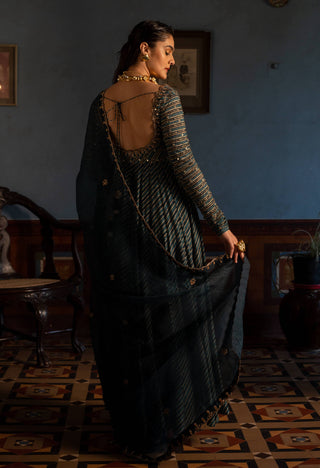Paulmi & Harsh-Teal Blue Lehriya Printed Anarkali And Dupatta-INDIASPOPUP.COM