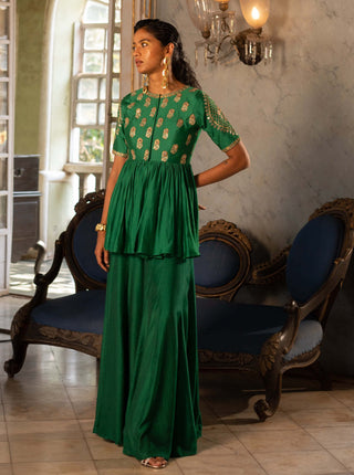 Paulmi & Harsh-Emerald Green Motif Peplum And Palazzo-INDIASPOPUP.COM