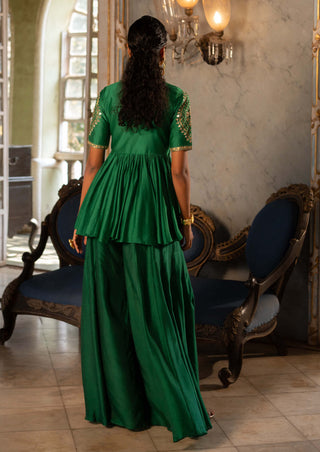 Paulmi & Harsh-Emerald Green Motif Peplum And Palazzo-INDIASPOPUP.COM