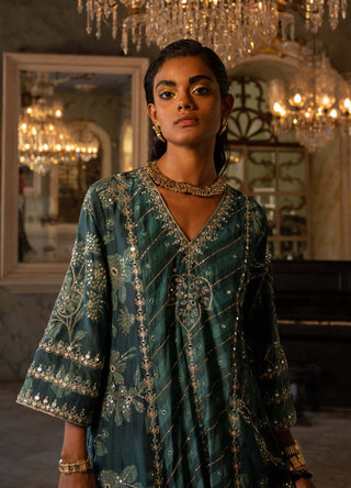 Paulmi & Harsh-Teal Blue Floral And Stripe Kurta Set-INDIASPOPUP.COM