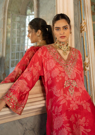 Paulmi & Harsh-Red Mono Floral Kurta And Pants-INDIASPOPUP.COM