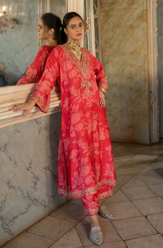 Paulmi & Harsh-Red Mono Floral Kurta And Pants-INDIASPOPUP.COM
