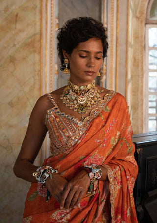 Paulmi & Harsh-Burnt Orange Floral Sharara Sari And Blouse-INDIASPOPUP.COM