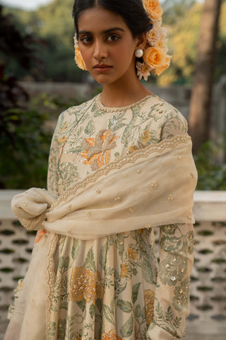 Ivory Floral Printed Anarkali And Dupatta by Paulmi & Harsh available on Indiaspopup.com