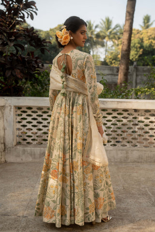 Ivory Floral Printed Anarkali And Dupatta by Paulmi & Harsh available on Indiaspopup.com