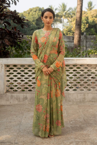 Sage Green Floral Printed Draped Sari And Blouse by Paulmi & Harsh available on Indiaspopup.com