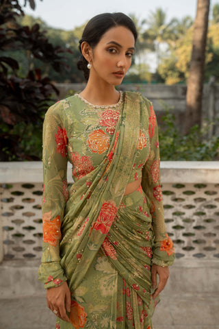 Sage Green Floral Printed Draped Sari And Blouse by Paulmi & Harsh available on Indiaspopup.com