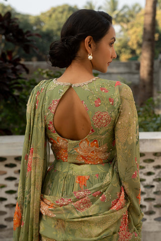 Sage Green Floral Printed Draped Sari And Blouse by Paulmi & Harsh available on Indiaspopup.com