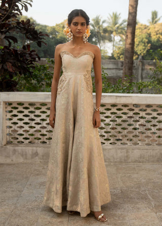 Ivory Jacquard Jumpsuit by Paulmi & Harsh available on Indiaspopup.com
