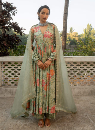 Sage Blue Embroidered Anarkali Set by Paulmi & Harsh available on Indiaspopup.com