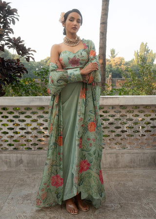 Sage Blue Floral Jacket And Draped Skirt Set by Paulmi & Harsh available on Indiaspopup.com
