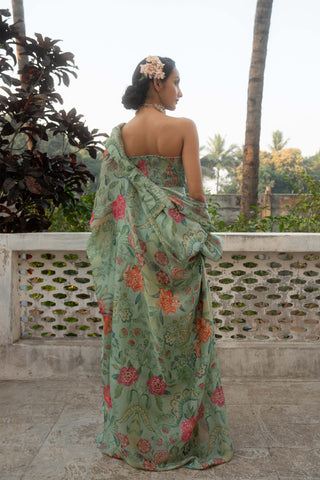 Sage Blue Floral Jacket And Draped Skirt Set by Paulmi & Harsh available on Indiaspopup.com