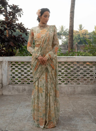 Ivory Floral Printed Draped Sari And Blouse by Paulmi & Harsh available on Indiaspopup.com