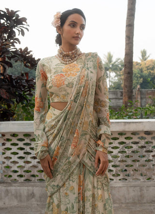 Ivory Floral Printed Draped Sari And Blouse by Paulmi & Harsh available on Indiaspopup.com