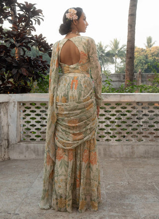 Ivory Floral Printed Draped Sari And Blouse by Paulmi & Harsh available on Indiaspopup.com