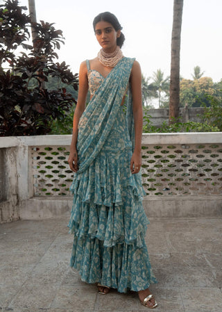 Ice Blue Floral Printed Draped Sari And Blouse by Paulmi & Harsh available on Indiaspopup.com