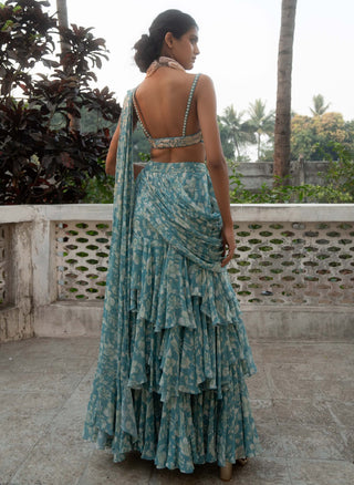 Ice Blue Floral Printed Draped Sari And Blouse by Paulmi & Harsh available on Indiaspopup.com