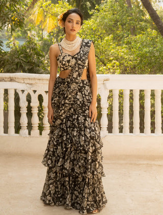 Black Floral Draped Sari And Blouse by Paulmi & Harsh available on Indiaspopup.com