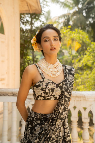 Black Floral Draped Sari And Blouse by Paulmi & Harsh available on Indiaspopup.com