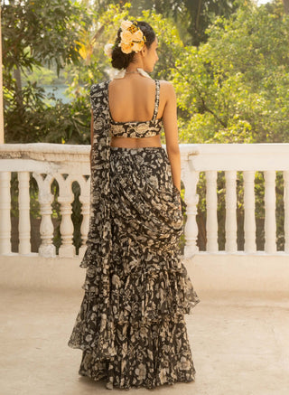 Black Floral Draped Sari And Blouse by Paulmi & Harsh available on Indiaspopup.com