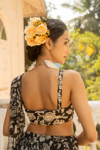 Black Floral Draped Sari And Blouse by Paulmi & Harsh available on Indiaspopup.com