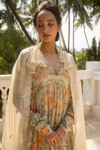 Ivory Floral Printed Anarkali Set by Paulmi & Harsh available on Indiaspopup.com