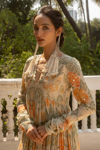 Ivory Floral Printed Anarkali Set by Paulmi & Harsh available on Indiaspopup.com