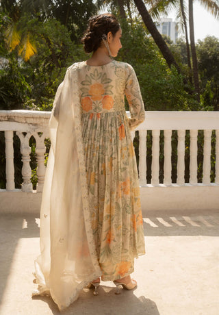 Ivory Floral Printed Anarkali Set by Paulmi & Harsh available on Indiaspopup.com