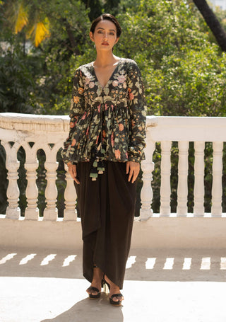 Black Floral Print Peplum And Draped Skirt by Paulmi & Harsh available on Indiaspopup.com