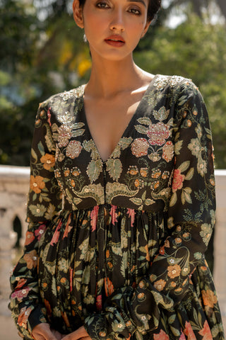 Black Floral Print Peplum And Draped Skirt by Paulmi & Harsh available on Indiaspopup.com