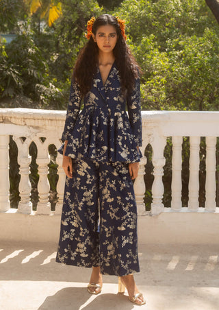 Blue Jacquard Peplum Blazer And Pants by Paulmi & Harsh available on Indiaspopup.com