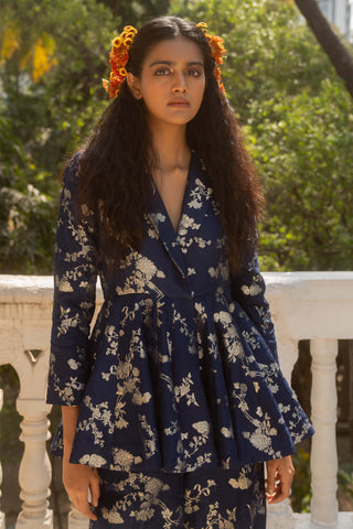 Blue Jacquard Peplum Blazer And Pants by Paulmi & Harsh available on Indiaspopup.com