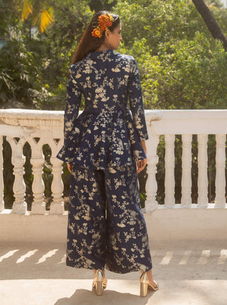Blue Jacquard Peplum Blazer And Pants by Paulmi & Harsh available on Indiaspopup.com